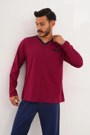 Erkek Düz V Yaka Lacivert Pijama Takımı Çift Kaplan 8001