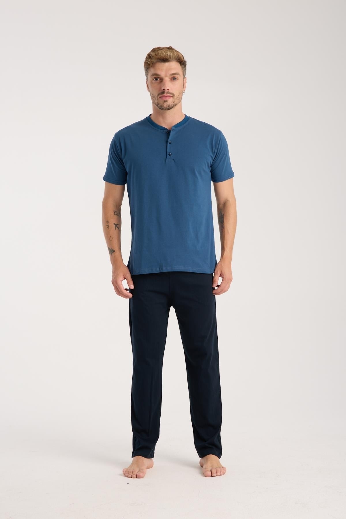 Erkek İndigo Düğmeli Yaka Kısa Kollu Pijama Takımı Akbeniz 6878