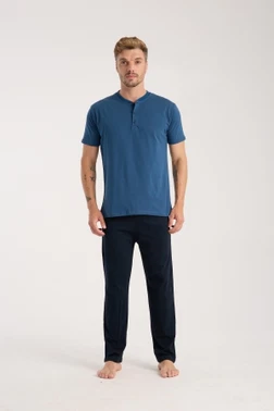 Erkek İndigo Düğmeli Yaka Kısa Kollu Pijama Takımı Akbeniz 6878