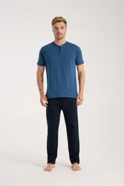 Erkek İndigo Düğmeli Yaka Kısa Kollu Pijama Takımı Akbeniz 6878