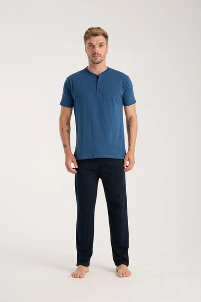 Erkek İndigo Düğmeli Yaka Kısa Kollu Pijama Takımı Akbeniz 6878