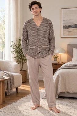 Erkek Kazayağı Desen Önden Düğmeli Bej Pijama Takımı Çift Kaplan 8210