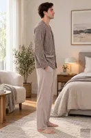 Erkek Kazayağı Desen Önden Düğmeli Bej Pijama Takımı Çift Kaplan 8210 Bej detay görünüm