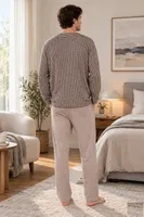 Erkek Kazayağı Desen Önden Düğmeli Bej Pijama Takımı Çift Kaplan 8210 Bej farklı açı