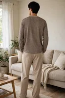Erkek Kazayağı Desen Patlı Bej Pijama Takımı Çift Kaplan 8209 Bej farklı açı
