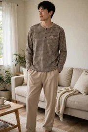 Erkek Kazayağı Desen Patlı Bej Pijama Takımı Çift Kaplan 8209