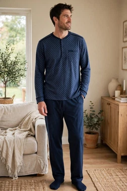 Erkek Küçük Kare Patlı Lacivert Pijama Takımı Çift Kaplan 8220