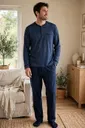 Erkek Küçük Kare Patlı Lacivert Pijama Takımı Çift Kaplan 8220