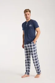 Erkek Lacivert Düğmeli Yaka Kısa Kollu Pijama Takımı Akbeniz 6877