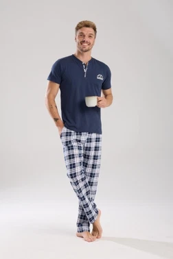 Erkek Lacivert Düğmeli Yaka Kısa Kollu Pijama Takımı Akbeniz 6877 - Alternatif Görünüm