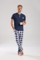 Erkek Lacivert Düğmeli Yaka Kısa Kollu Pijama Takımı Akbeniz 6877 detay görünüm