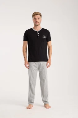 Erkek Siyah Düğmeli Yaka Kısa Kollu Pijama Takımı Akbeniz 6878