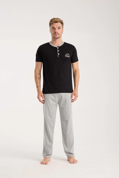 Erkek Siyah Düğmeli Yaka Kısa Kollu Pijama Takımı Akbeniz 6878