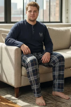 Erkek Uzun Kollu Pijama Takım BÜyük Beden Lacivert Tekten 8270