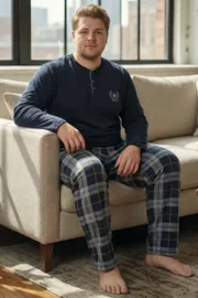 Erkek Uzun Kollu Pijama Takım BÜyük Beden Lacivert Tekten 8270