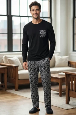 Erkek Uzun Kollu Siyah Pijama Takım Tekten 8180 - Alternatif Görünüm