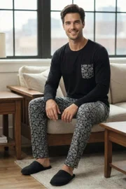 Erkek Uzun Kollu Siyah Pijama Takım Tekten 8180