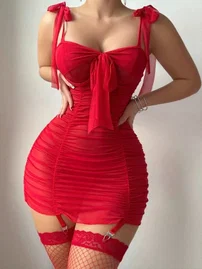 Fantezi Kırmızı Gecelik Jartiyer Takım Feel Lady F267