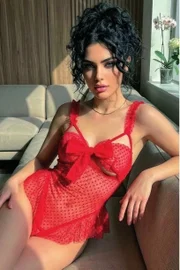 Fiyonklu Puantiyeli Tül Kırmızı Fantezi Babydoll NightLight 3717-1