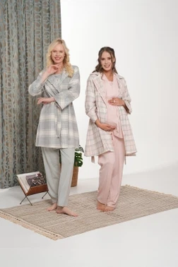 Flanel Ekose Kadın 3'lü Pijama Takımı Bone Club 5903 - Alternatif Görünüm
