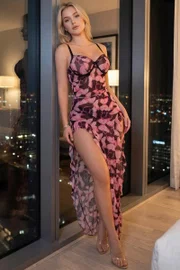 Flora Siyah Pembe Çiçekli Derin Yırtmaçlı Tül Fantezi Gecelik Jesica Bella JB-15100