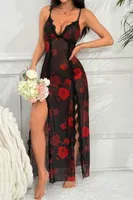 Gül Baskılı Dantel Yakalı Uzun Siyah Fantazi Gecelik Feel Lady F238 Siyah görsel 4