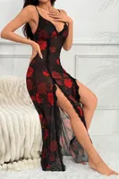 Gül Baskılı Dantel Yakalı Uzun Siyah Fantazi Gecelik Feel Lady F238 Siyah görsel 6