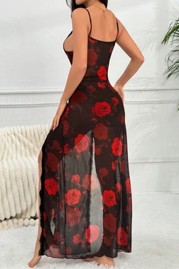 Gül Baskılı Dantel Yakalı Uzun Siyah Fantazi Gecelik Feel Lady F238 - Alternatif Görünüm