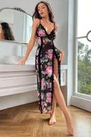 Gül Baskılı İnce Askılı Yırtmaçlı Siyah Fantazi Gecelik Feel Lady F234 Siyah