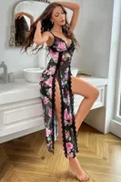 Gül Baskılı İnce Askılı Yırtmaçlı Siyah Fantazi Gecelik Feel Lady F234 Siyah farklı açı