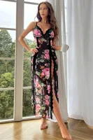 Gül Baskılı İnce Askılı Yırtmaçlı Siyah Fantazi Gecelik Feel Lady F234 Siyah görsel 6