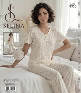Tekten Gül Desenli V yaka Kısa Kollu Kadın Pijama Takım Selina 8330