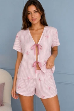 Gül Kurusu Çizgili Önden Bağlamalı Fiyonk Detaylı Şortlu Pijama Takımı Bella Notte 79115