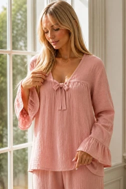 Gül Kurusu Fiyonk Detaylı Volan Kollu Müslin Pijama Takımı Bella Notte 61243 - Alternatif Görünüm