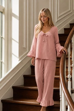 Gül Kurusu Fiyonk Detaylı Volan Kollu Müslin Pijama Takımı Bella Notte 61243
