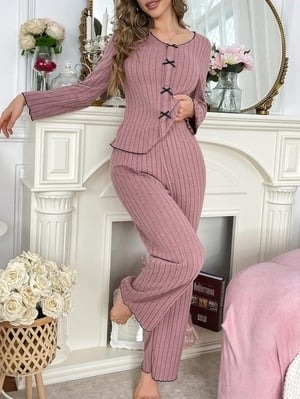 Gül Kurusu Pamuklu Fiyonk Detaylı Uzun Kollu Pijama Takımı Bella Notte 77121