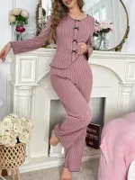 Gül Kurusu Pamuklu Fiyonk Detaylı Uzun Kollu Pijama Takımı Bella Notte 77121 Pembe
