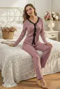 Gül Kurusu Uzun Kollu Zarif Şerit Detaylı Fiyonk Esintili Fit Pijama Takımı Bella Notte 77397