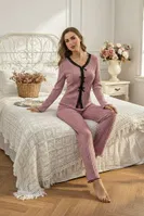 Gül Kurusu Uzun Kollu Zarif Şerit Detaylı Fiyonk Esintili Fit Pijama Takımı Bella Notte 77397 Gül Kurusu detay görünüm