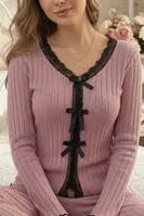 Gül Kurusu Uzun Kollu Zarif Şerit Detaylı Fiyonk Esintili Fit Pijama Takımı Bella Notte 77397 Gül Kurusu görsel 8
