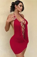 Halter Yaka Derin Dekolteli Çapraz Bağcıklı Mini Elbise For Dreams 8648 Bordo görsel 9