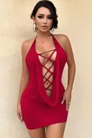 Halter Yaka Derin Dekolteli Çapraz Bağcıklı Mini Elbise For Dreams 8648 Bordo görsel 8