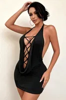 Halter Yaka Derin Dekolteli Çapraz Bağcıklı Mini Elbise For Dreams 8648 Siyah görsel 4