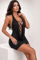 Halter Yaka Derin Dekolteli Çapraz Bağcıklı Mini Elbise For Dreams 8648 Siyah görsel 6