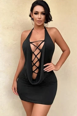 Halter Yaka Derin Dekolteli Çapraz Bağcıklı Mini Elbise For Dreams 8648