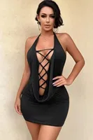 Halter Yaka Derin Dekolteli Çapraz Bağcıklı Mini Elbise For Dreams 8648 Siyah