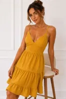 Hardal Sarısı Sırt Dekolteli V Yaka Yazlık Elbise Bella Notte E-5701 Hardal Sarısı