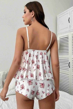 İnce Askılı Çiçekli Dantel Detay Şortlu Pijama Takım Gecelik Beyaz Merry See MS4440 - Alternatif Görünüm