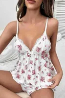 İnce Askılı Çiçekli Dantel Detay Şortlu Pijama Takım Gecelik Beyaz Merry See MS4440 Beyaz görsel 4