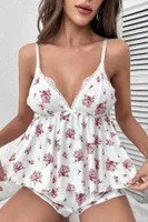 İnce Askılı Çiçekli Dantel Detay Şortlu Pijama Takım Gecelik Beyaz Merry See MS4440 Beyaz